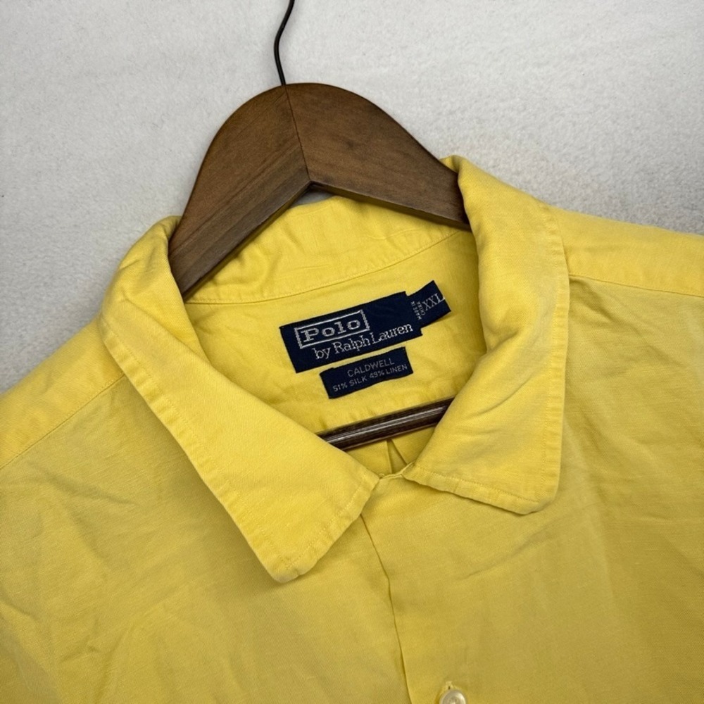 Ralph Lauren Shirt Mens 2XL Yellow Caldwell Camp Silk Linen Short Sleeve Pocket